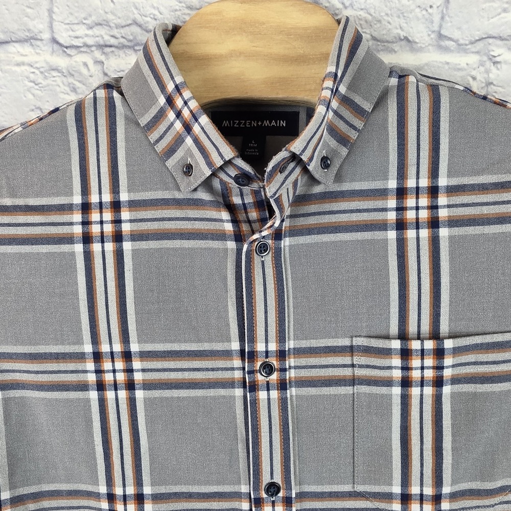 Mizzen+Main Men Performance Shirt Trim Fit Gray Flannel Plaid Button Up Sz Large